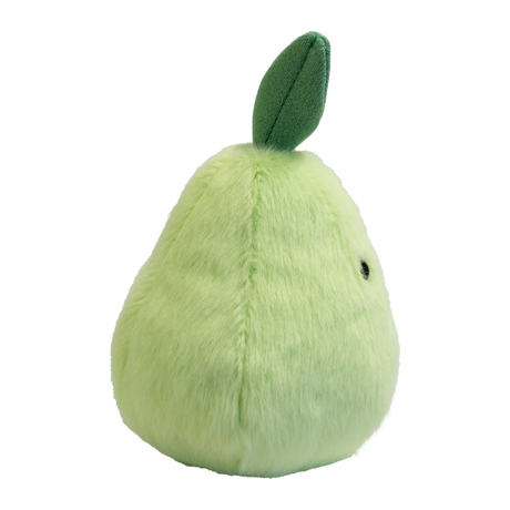 Cute plush toy shaped like a light green pear with a smiling face, black eyes, and a small brown stem and green leaf. Soft and cheerful appearance.