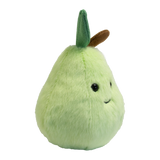 Cute plush toy shaped like a light green pear with a smiling face, black eyes, and a small brown stem and green leaf. Soft and cheerful appearance.