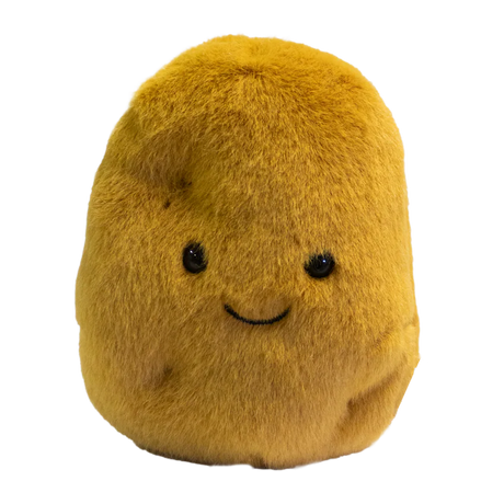 A plush, golden-brown potato-shaped toy with a cute smiling face and black eyes. The simple design conveys a playful and friendly tone.