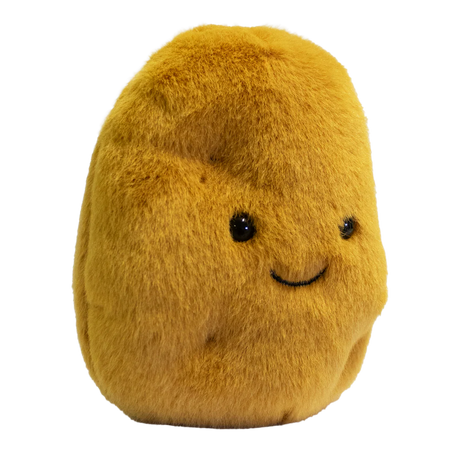 A plush, golden-brown potato-shaped toy with a cute smiling face and black eyes. The simple design conveys a playful and friendly tone.