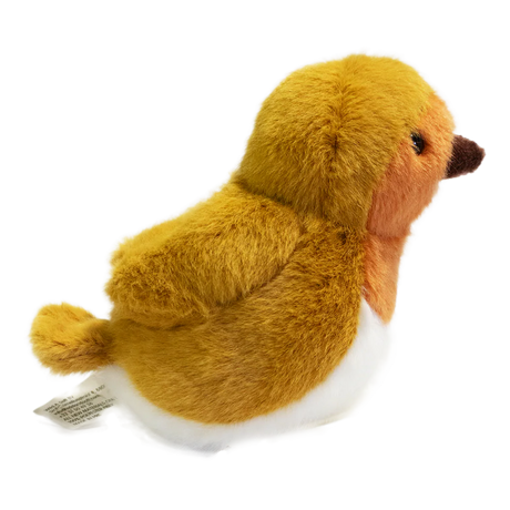 A plush toy resembling a bird with fluffy brown and orange feathers, black beady eyes, and a small brown beak, set against a solid white background.