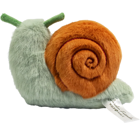 A plush snail toy with a fluffy orange shell and a smiling green body, featuring green antennae, set against a plain white background.