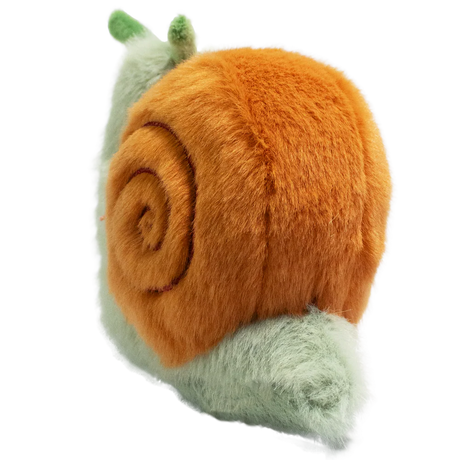 A plush snail toy with a fluffy orange shell and a smiling green body, featuring green antennae, set against a plain white background.