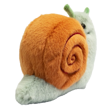 A plush snail toy with a fluffy orange shell and a smiling green body, featuring green antennae, set against a plain white background.