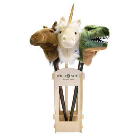 Three plush stick toys in a wooden holder, featuring a brown horse, white unicorn, and green dinosaur, with "Wild & Soft" branding.