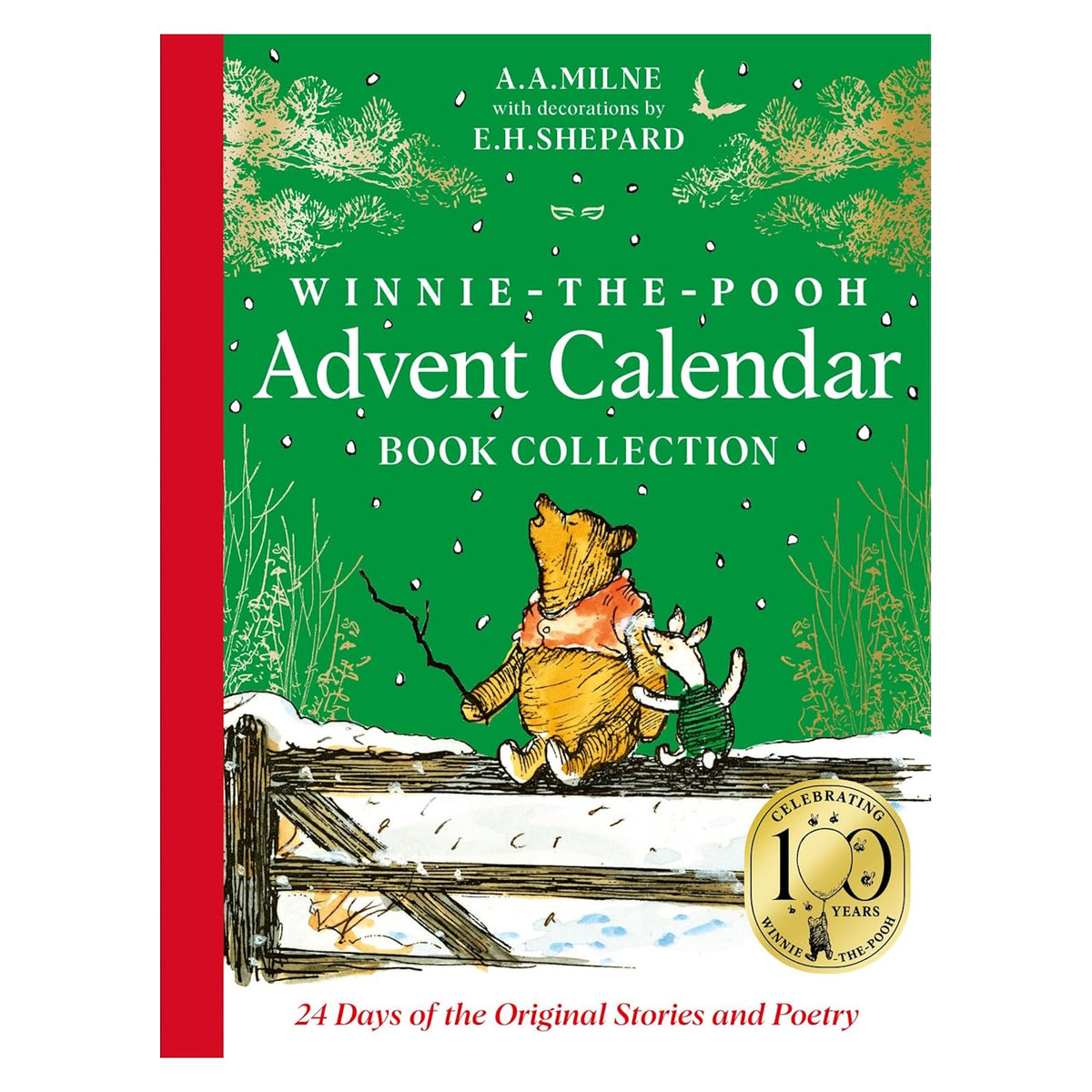 Front view of the green paper Winnie-the-Pooh Advent Calendar book collection with a red spine.