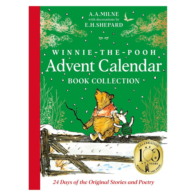 Front view of the green paper Winnie-the-Pooh Advent Calendar book collection with a red spine.