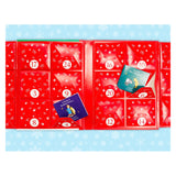 Flat lay view of open red Winnie-the-Pooh advent calendar pockets revealing mini books.