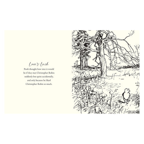 Black and white drawing: Pooh stands near a tree, gazing into the distance. Text on the left reads: “Love’s Luck,” expressing a desire to see Christopher Robin.
