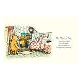 Illustration of a bear in a cozy room with a floral armchair, clock, and fireplace. Text reads: 'Nearly eleven o'clock,' said Pooh happily, 'You're just in time for a little smackerel of something.'