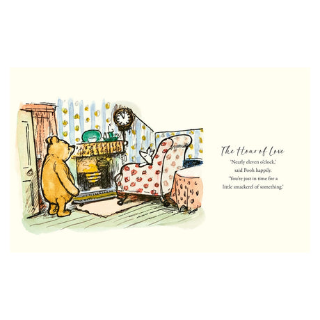 Illustration of a bear in a cozy room with a floral armchair, clock, and fireplace. Text reads: 'Nearly eleven o'clock,' said Pooh happily, 'You're just in time for a little smackerel of something.'