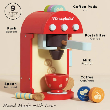 A 9-piece wooden toy coffee set by Honeybake detailing included parts like buttons, pods, cup, and spoon.