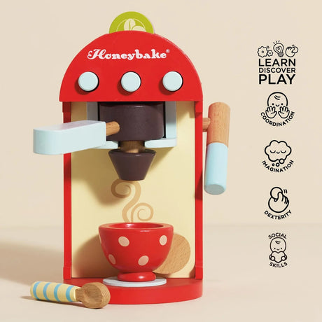 Honeybake wooden coffee machine with development skill icons for coordination, imagination, dexterity, and social skills.
