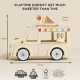 Wooden toy ice cream van with dimensions, sustainable wood, and plastic-free icons.