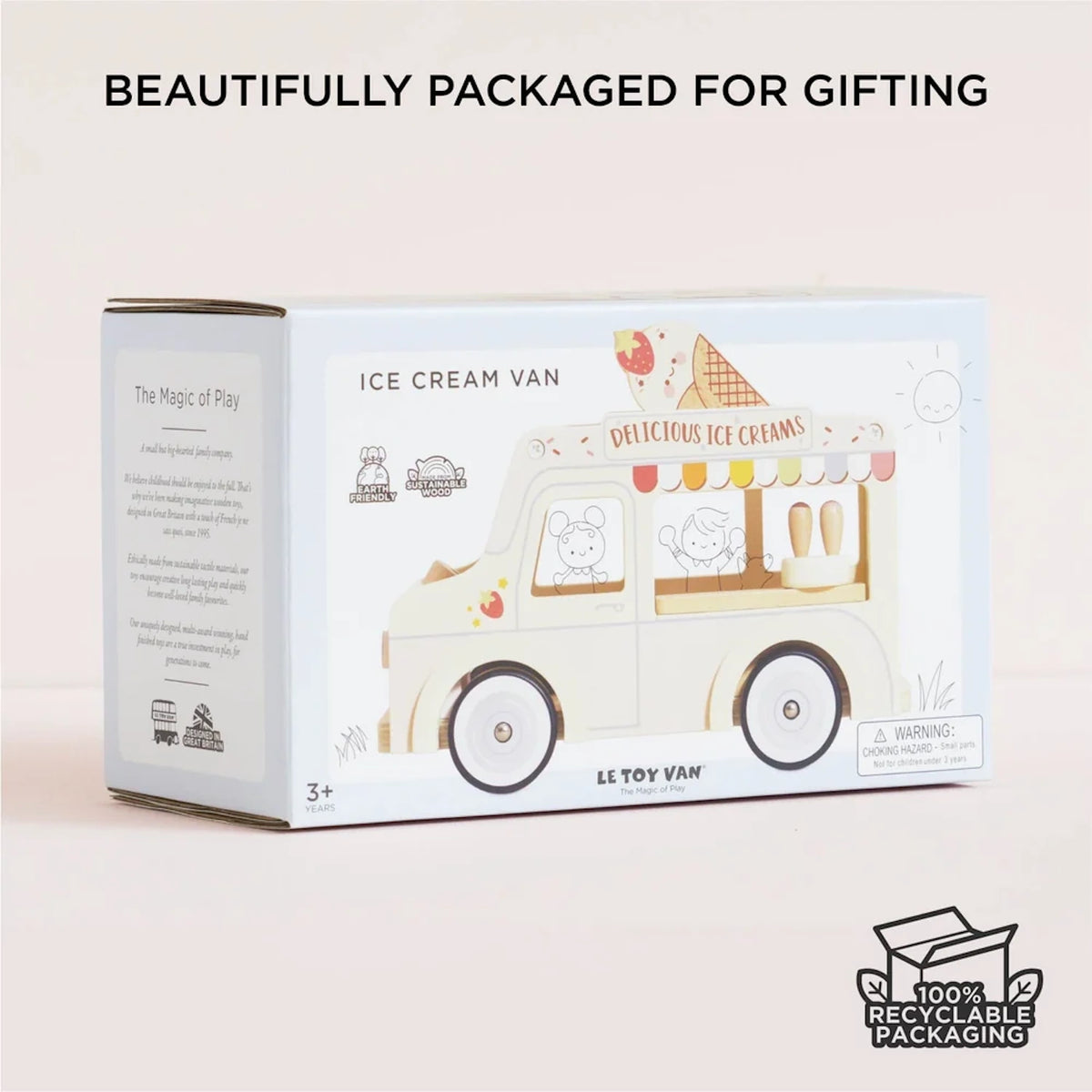 Le Toy Van wooden ice cream toy in its illustrated gift box packaging.