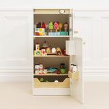 Wooden play fridge filled with toy food items including wooden ice lollies, eggs, and drinks.
