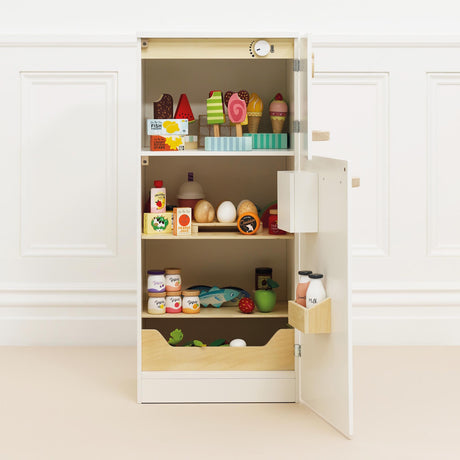 Wooden play fridge filled with toy food items including wooden ice lollies, eggs, and drinks.