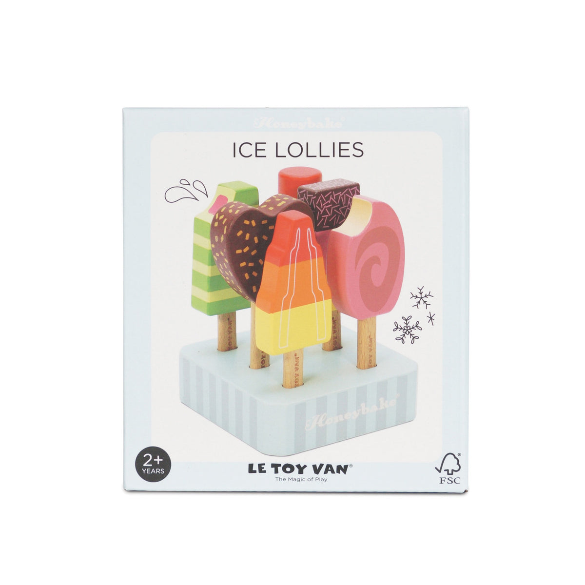 Le Toy Van Honeybake wooden ice lollies toy box featuring colorful wooden popsicles on a stand.