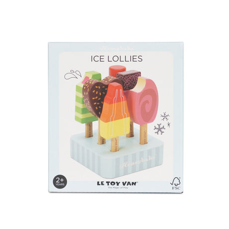 Le Toy Van Honeybake wooden ice lollies toy box featuring colorful wooden popsicles on a stand.