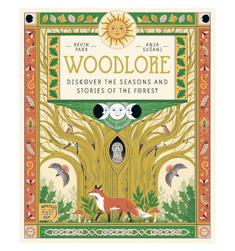 Book cover: "Woodlore" with an intricate forest illustration featuring a sun, owl, fox, birds, and moon phases.