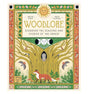 Book cover: "Woodlore" with an intricate forest illustration featuring a sun, owl, fox, birds, and moon phases.