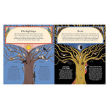 Illustrated open book spread contrasting daytime birds on the left tree with nighttime bats on the right tree.