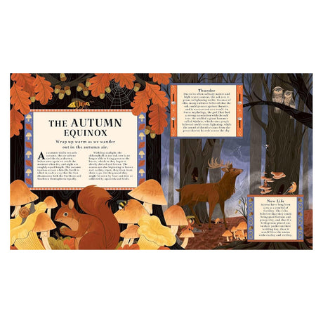 Book spread titled "THE AUTUMN EQUINOX" with illustrations of a squirrel, stag, mushrooms, and trees.