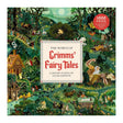 Illustrated jigsaw puzzle box cover depicting a whimsical forest scene from Grimms' Fairy Tales. Includes fairy tale characters and landscapes, with trees, a gingerbread house, and magical elements. Central text reads "The World of Grimms' Fairy Tales," set in a colorful, enchanted atmosphere.