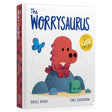 Front cover of The Worrysaurus children's book by Rachel Bright, featuring a small red dinosaur sitting on a blue rock.