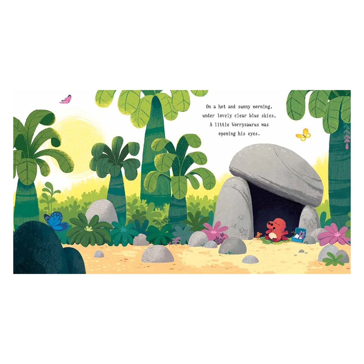 The Worrysaurus children’s book illustration of a red dinosaur waking up in a prehistoric jungle cave.