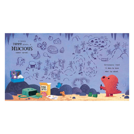 Worrysaurus dinosaur drawing a picnic map on a cave wall next to a lunchbox and snacks. Children's book illustration.