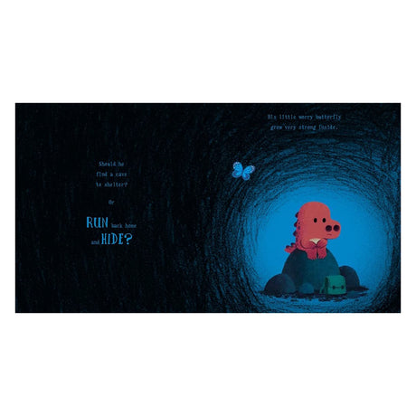 Illustration of a small pink dinosaur sitting alone in a dark cave with a blue butterfly and text about anxiety.