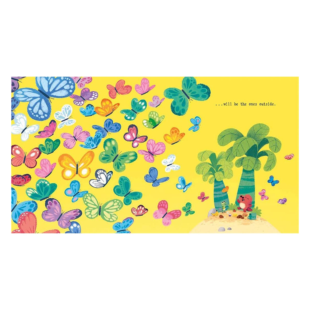 Colorful children's book illustration of a red dinosaur under palm trees surrounded by many vibrant, flying butterflies.