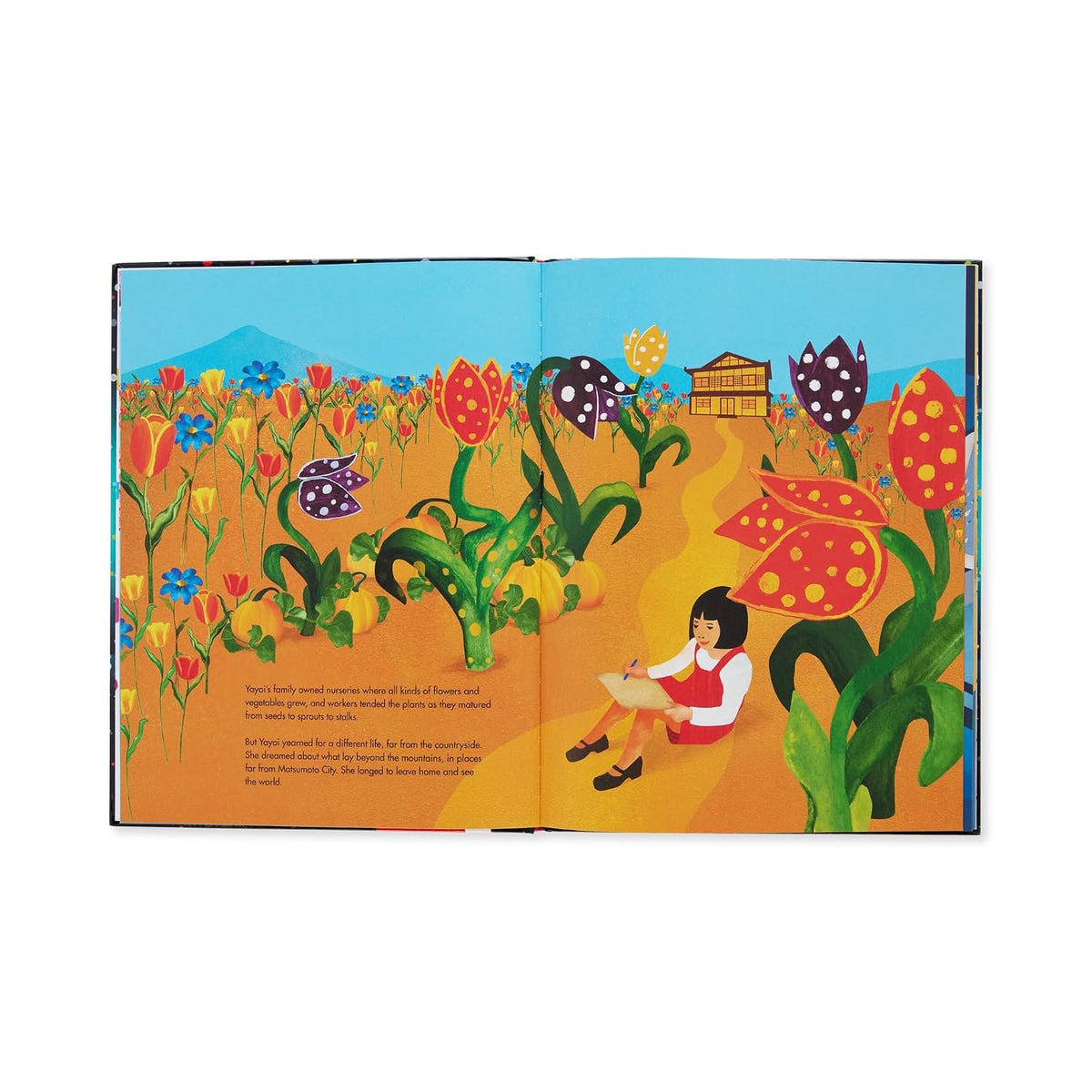 Illustrated book spread showing a young girl sitting and drawing among giant, patterned flowers.