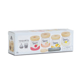 Yogurts play food pack product box featuring four wooden yogurt pots and a toy spoon.