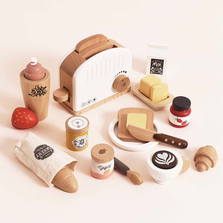Wooden breakfast play food set featuring a toaster, bread, butter, coffee, jam, and yogurt.