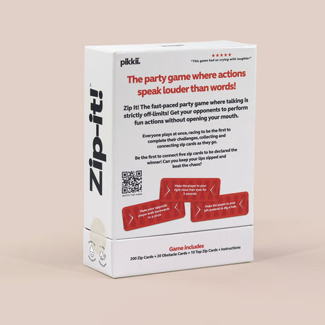 Back of the Zip-it! party game box showing gameplay rules and product contents.