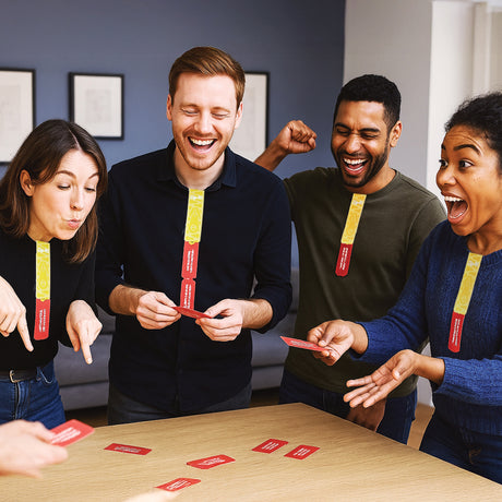 Four laughing friends wearing Zip-it! game cards attached to their shirts around a table.