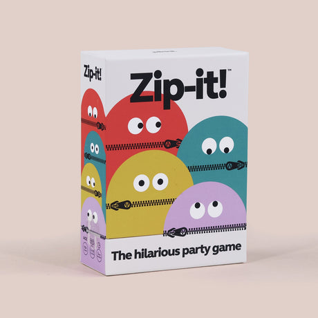 Zip-it! game box featuring colorful round characters with zippered mouths on a white background.